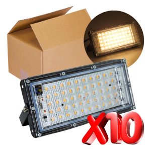 Paquete De 10 Reflectores Luz Cálida Led 50w (500) Lupa